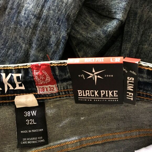 NWT BLACK PIKE LEGEND Embroidered Distressed Biker Stretch Slim Denim Jean 38X32 - Picture 15 of 16